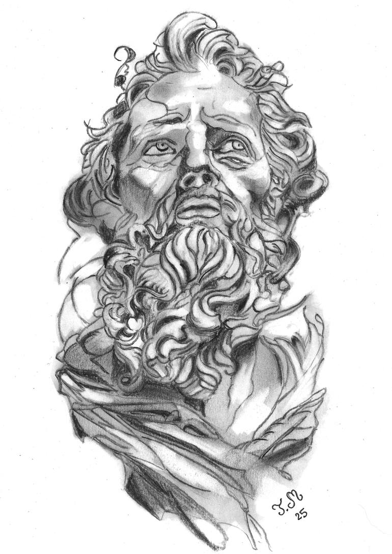 Original People Drawing by Jerome Marette | Black & White Art on Paper | Study of a Thoughtful Elder