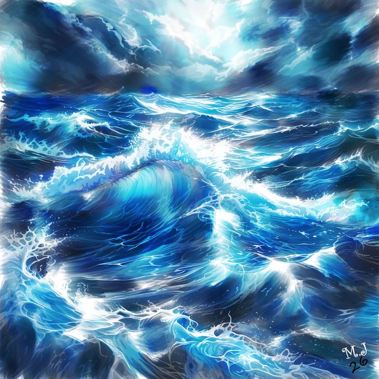 Original Seascape Digital by Jerome Marette | Digital Art Art on Paper | Burst of Foam Under the Storm