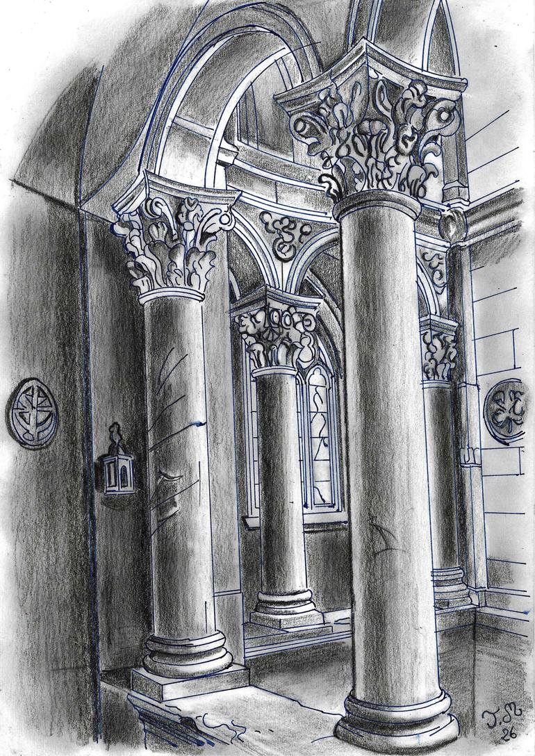 Original Architecture Drawing by Jerome Marette | Antique Art on Paper | Echoes of the Loggia in Blue and Charcoal