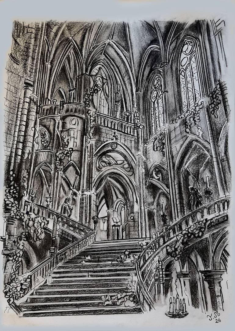 Original Architecture Drawing by Jerome Marette | Abstract Expressionism Art on Paper | Gothic Perspectives: Shadows and the Sacred
