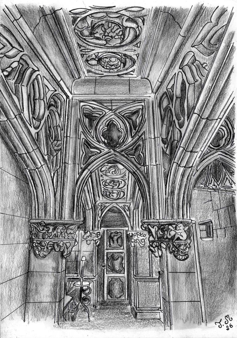 Original Architecture Drawing by Jerome Marette | Antique Art on Paper | Gothic Perspectives: Shadow and Ink