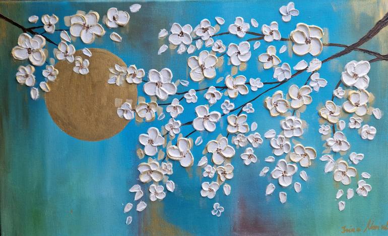 Original Acrylic Painting on Canvas Blooming Tree Moonlight Wall