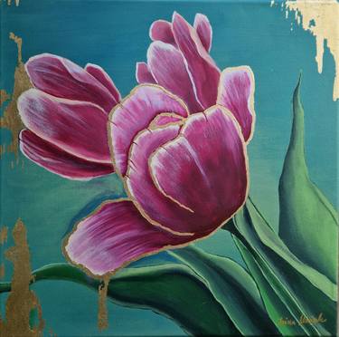 abstract floral acrylpainting with pink flowers "Golden tulip" thumb