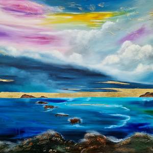 Large abstract seascape oil panting with goldleaf "Imagination"