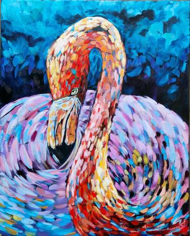 Colourful flamingo oil painting "Grace" thumb