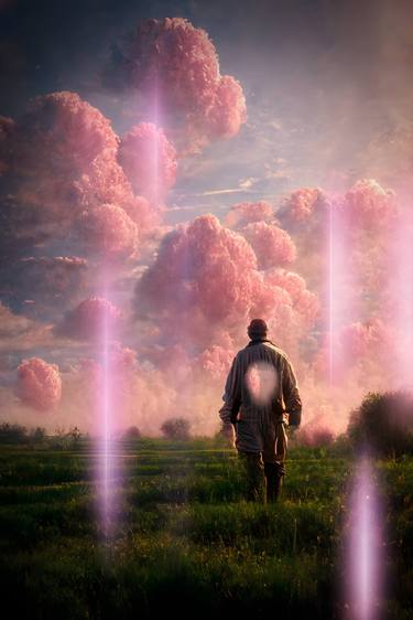 A man with emptiness inside in a field among pink lush thumb