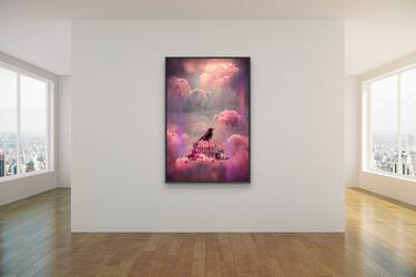 Bird in a cage on a background of pink clouds 90x120 cm thumb
