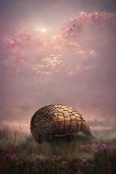 Wooden armadillo in a foggy pink field thumb