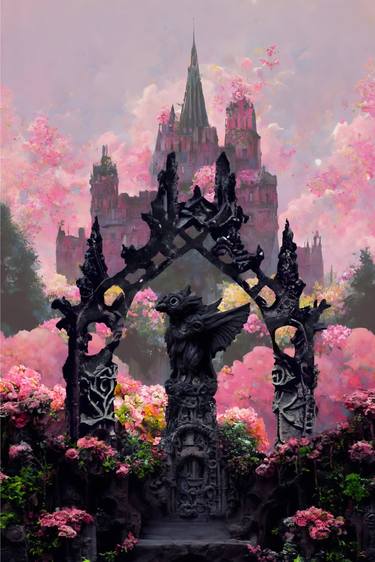 Dark gothic gates against the backdrop of a castle amidst flowers thumb