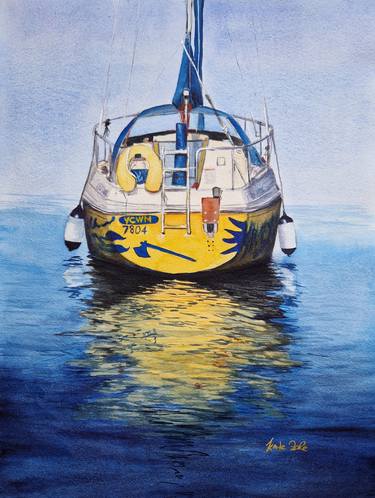 Yellow boat with Viking's axe, Watercolor thumb