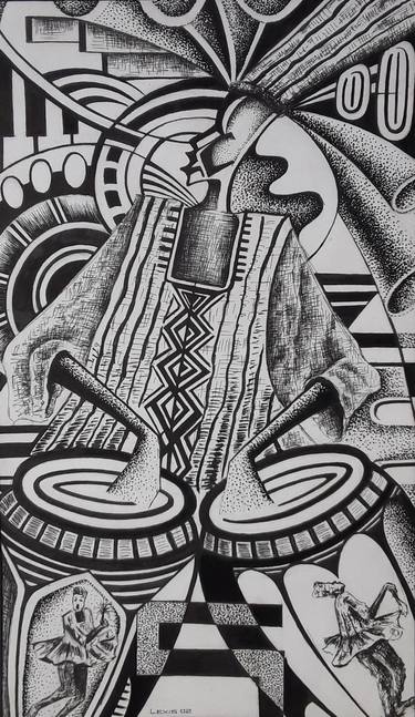 African Drummer pen and ink drawing thumb