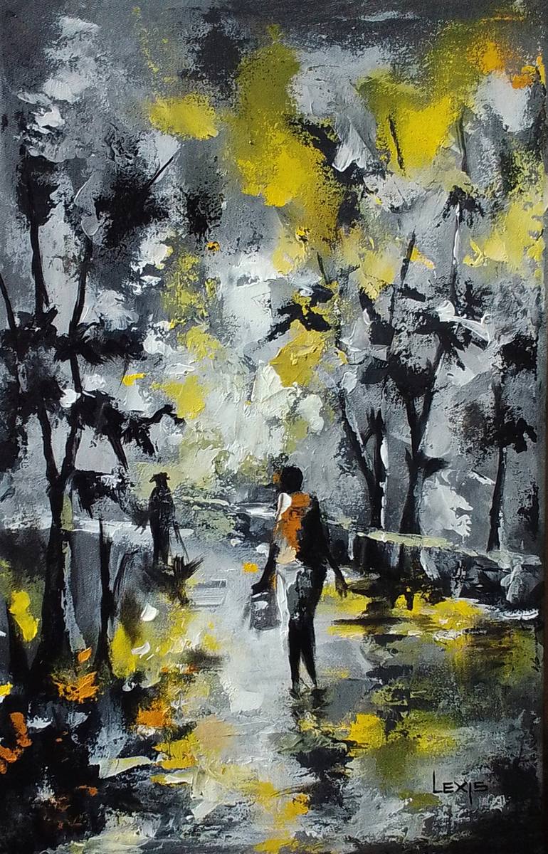 Original Landscape Painting by Alex Mensah | Conceptual Art on Canvas | Cold Rainy Night, on the streets art