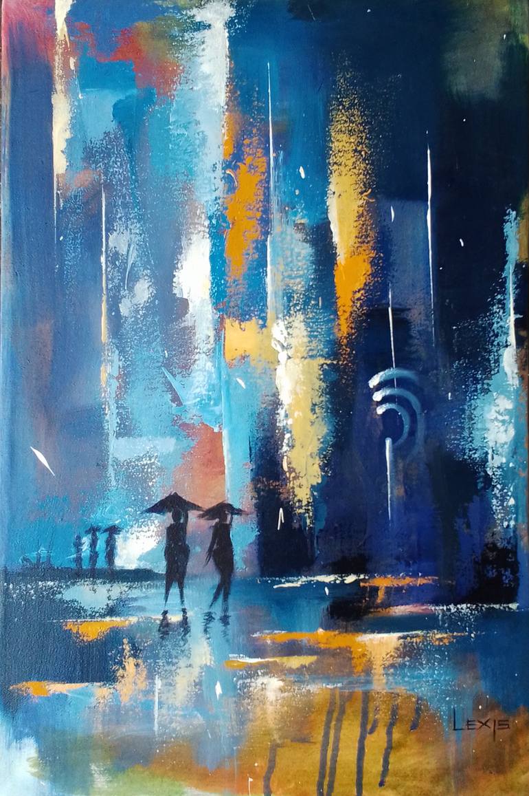 Original Abstract Painting by Alex Mensah | Abstract Art on Canvas | Midnight Rain Reflections, Wet night in the city
