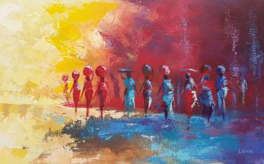 Impressionist Multicolored painting of African women thumb