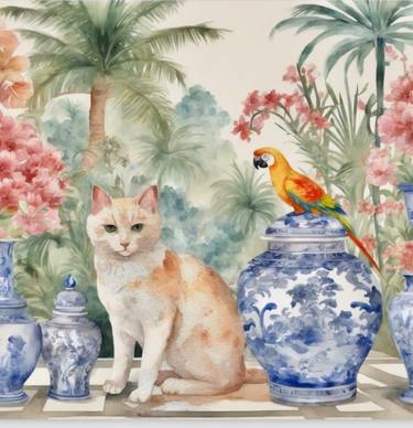 Preppy ginger cat and parrot in tropical chinoiserie garden thumb