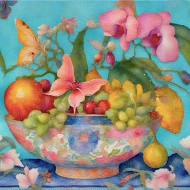 Orchids and fruits in chinoiserie jar thumb