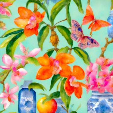 Orange orchids and chinoiserie jar, still life watercolor thumb