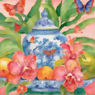 Orchids and fruits in chinoiserie jar, still life watercolor thumb