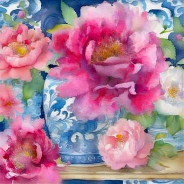 Pink peonies in ch8noiserie jar, XL watercolor painting thumb