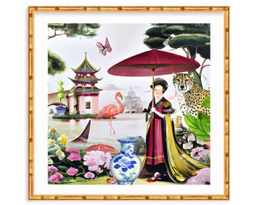 Fantasy chinoiserie scene with shark and pink flamingo thumb