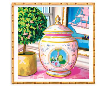 Preppy interior with topiary and pink chinoiserie jar thumb