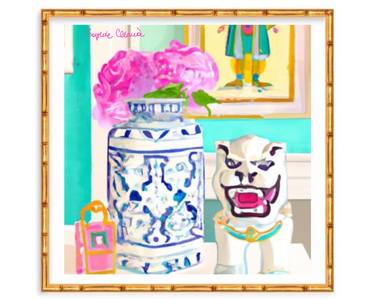 Preppy interior with peonies, chinoiserie jar and foo dog thumb