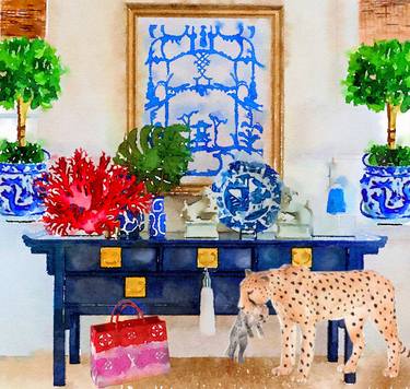 Cheetah and her cub in blue chinoiserie interior thumb