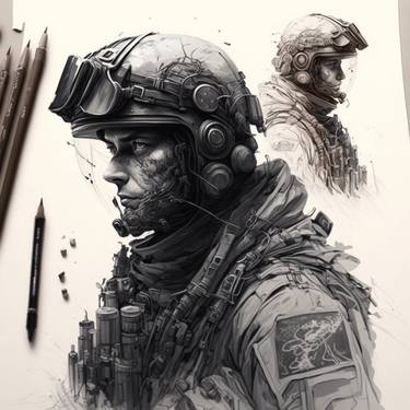 Futuristic soldiers in pencil drawing thumb