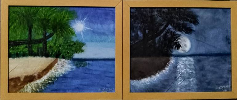 Original Beach Painting by Elizabeth Azogu | Art Deco Art on Canvas | Day and Night (The Beach)