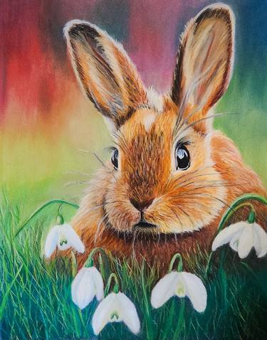 Bunny with Snowdrops Original Pastel Painting 8x10inches thumb
