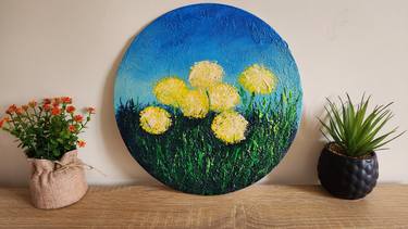 Abstract Dandelions Original Painting on Round Canvas thumb