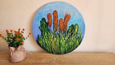 Abstract Cattails Plant Original Painting on Round Canvas thumb