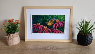 Butterfly on Cone flowers Framed Original Painting thumb