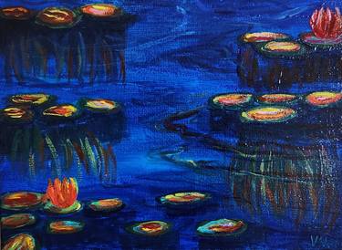 Blue Waterlily Pond On Canvas Board - Water Lilies 5x7 inches