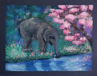 Baby Elephant Near Water Pastel Painting Unframed Home decor thumb