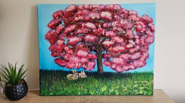 Bunnies under Cherry Blossom Tree Acrylic Painting Unframed thumb