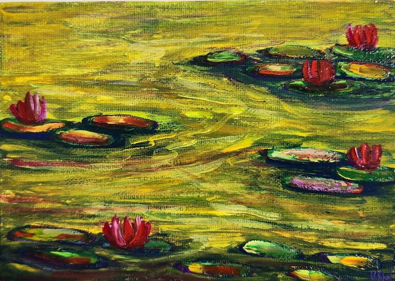 PURPLE Waterlily Pond Artist Gouache On Canvas Board 5x7 inches