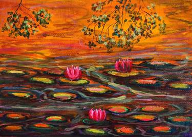 Orange Waterlily Pond Painting 5 x 7 inches Landscape Painting thumb