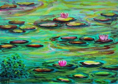 Green Waterlily Pond Artist Gouache On Canvas Board 5x7 inches thumb