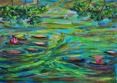 Blue Waterlily Pond On Canvas Board - Water Lilies 5x7 inches thumb