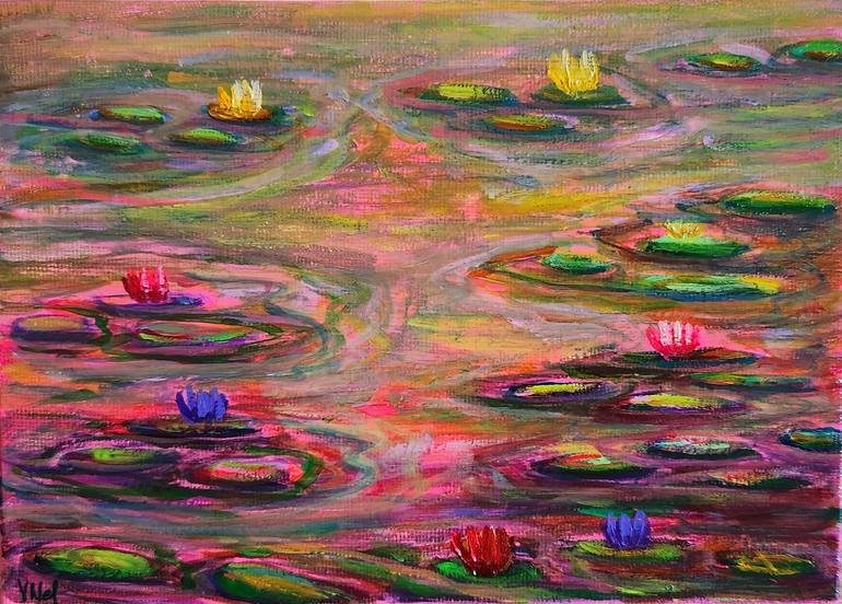 PURPLE Waterlily Pond Artist Gouache On Canvas Board 5x7 inches