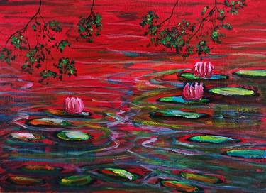 RED Waterlily Pond Artist Gouache On Canvas Board - Water Lilies thumb