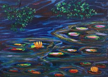 PURPLE Waterlily Pond Artist Gouache On Canvas Board 5x7 inches