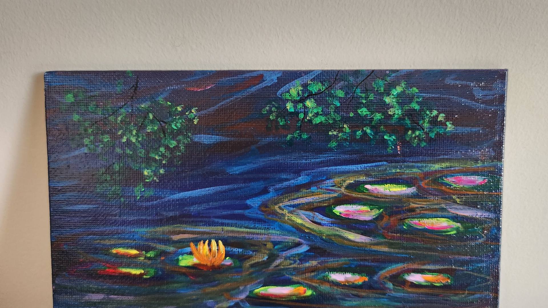 Blue Waterlily Pond On Canvas Board - Water Lilies 5x7 inches