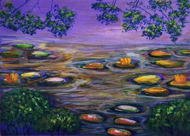 PURPLE Waterlily Pond Artist Gouache On Canvas Board 5x7 inches thumb
