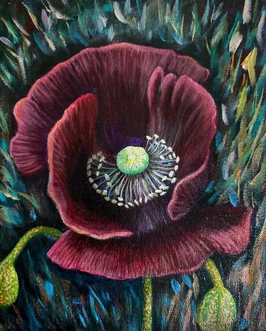 Framed Poppy Flower Acrylic Painting 20 x 25 cm thumb