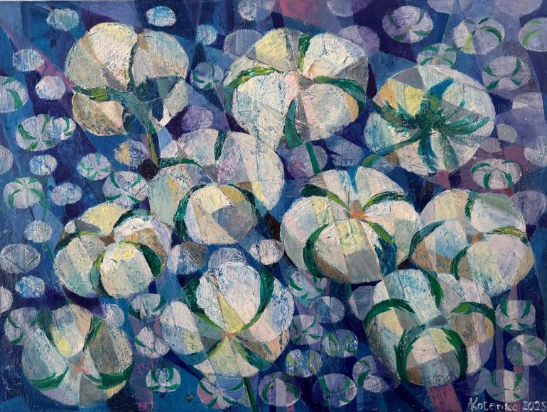 Original Floral Painting by Iuliia Kotenko | Geometric Art on Canvas | Cotton in the Night by Iuliia Kotenko