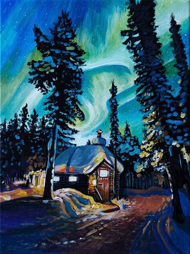 House in the forest and northern lights thumb
