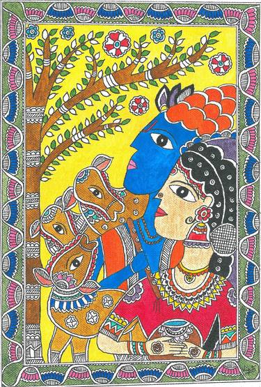 Traditional Indian Madhubani Radha and Krishna thumb