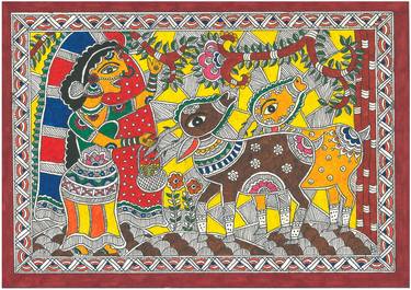 Traditional Indian Madhubani Woman with Mysterious Deer in Forest thumb